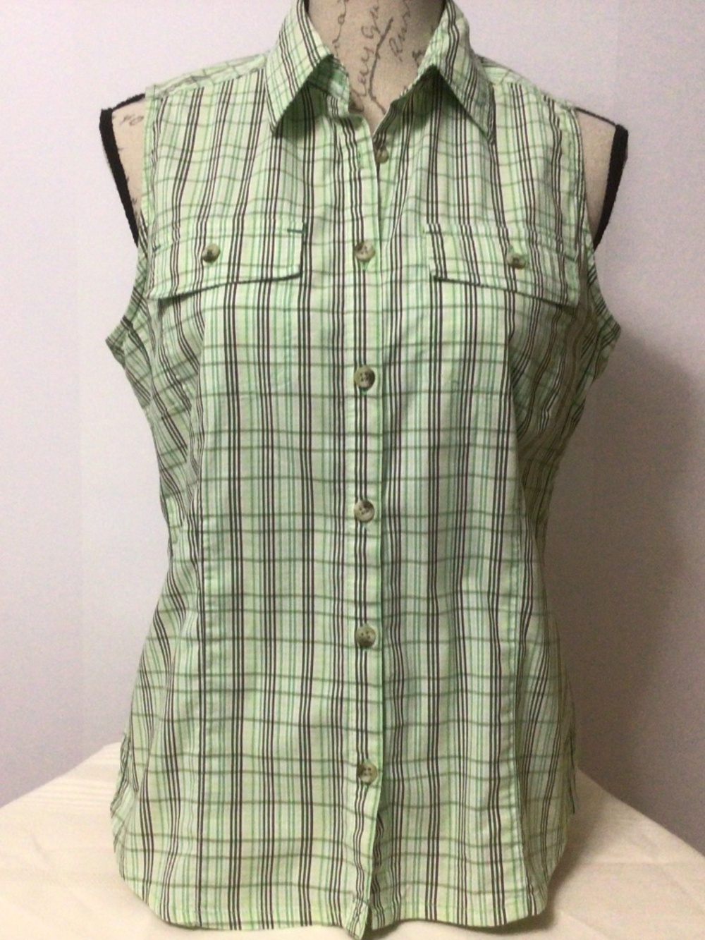 Columbia Sleeveless Cotton-rich Plaid Shirt Sz S Green Multi